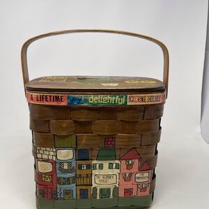 Caro Nan Handmade Painted Vintage USA Lidded Lined Basket Purse Tote Folk Art